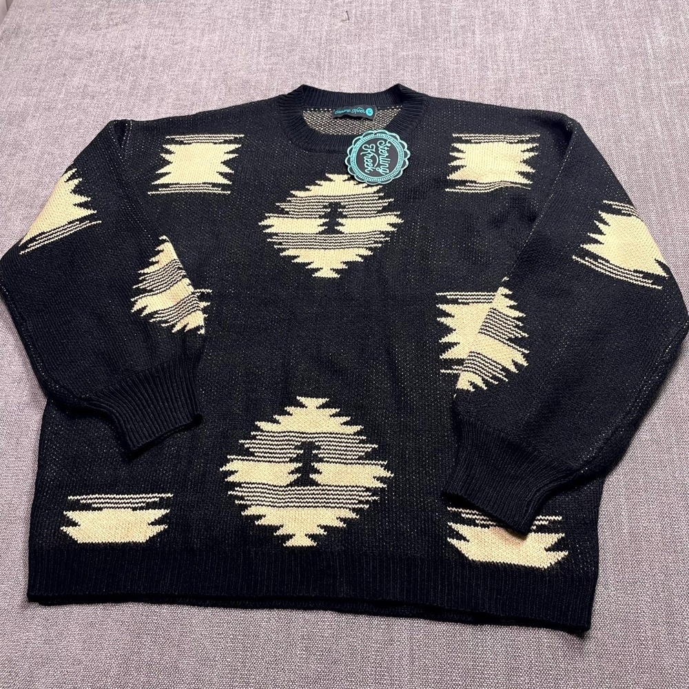 Sterling Kreek Paint It Aztec Sweater Womens Large Black Knitted Crew Pullover